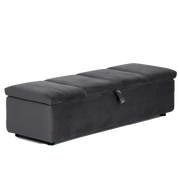 Grauer Hocker mit Stauraum, seitliche Perspektive