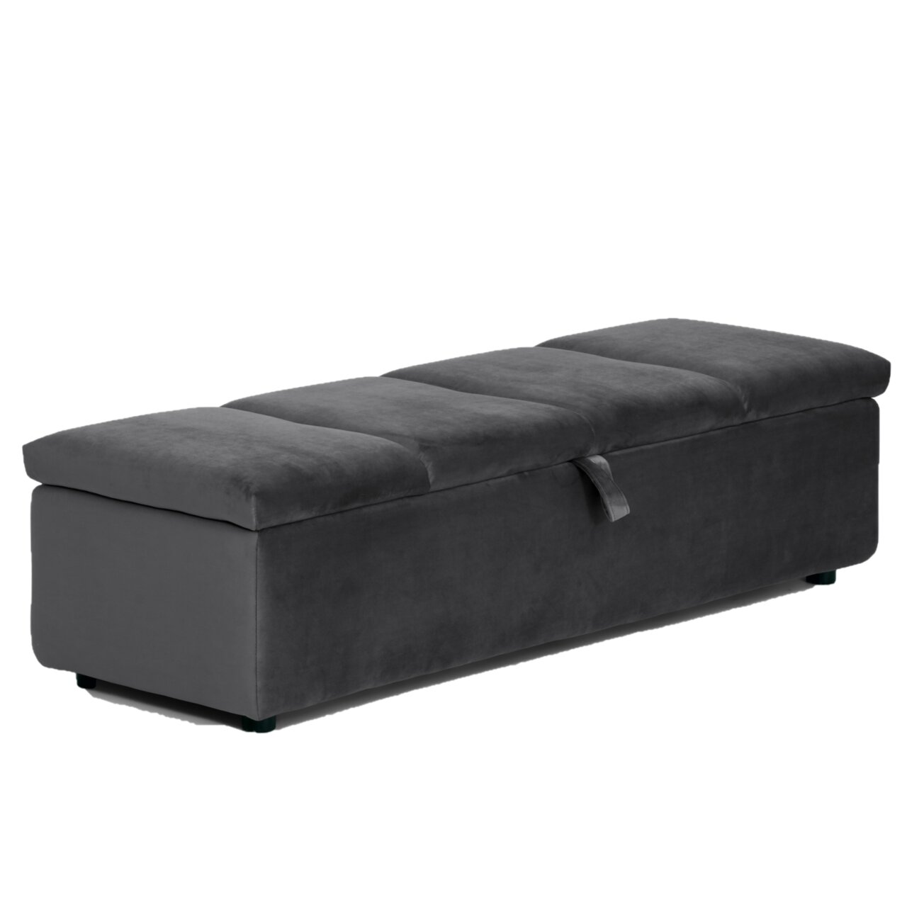 Grauer Hocker mit Stauraum, seitliche Perspektive