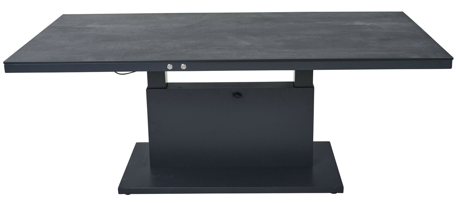 Moderner Garten E-Lifttisch in dunklem Design, frontal betrachtet.