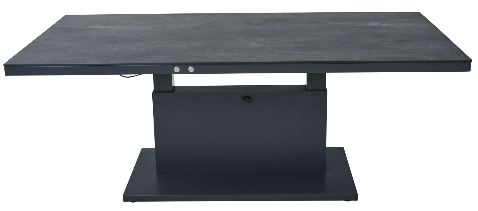 Moderner Garten E-Lifttisch in dunklem Design, frontal betrachtet.