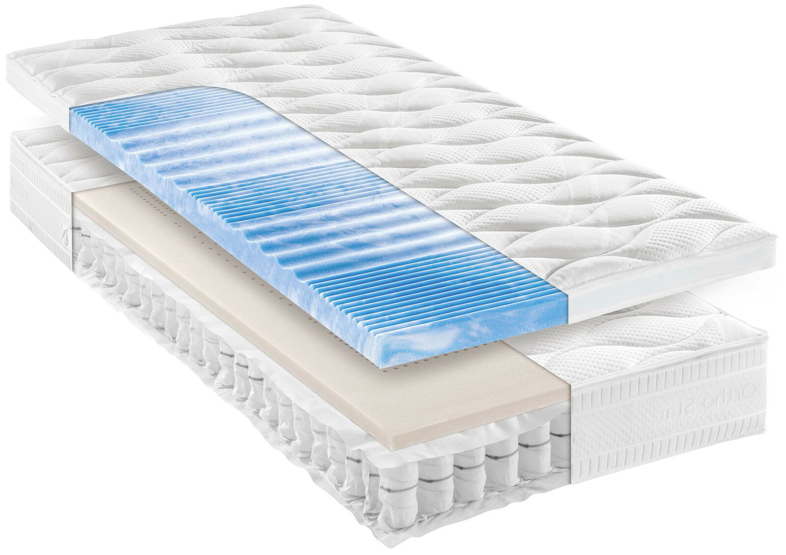 Querschnitt einer Taschenfederkernmatratze der Serie ORTHO STAR SILBER TOP mit mehreren Schichten, darunter eine blaue Komfortschicht und eine Schicht aus Taschenfedern. Perspektive von der Seite.