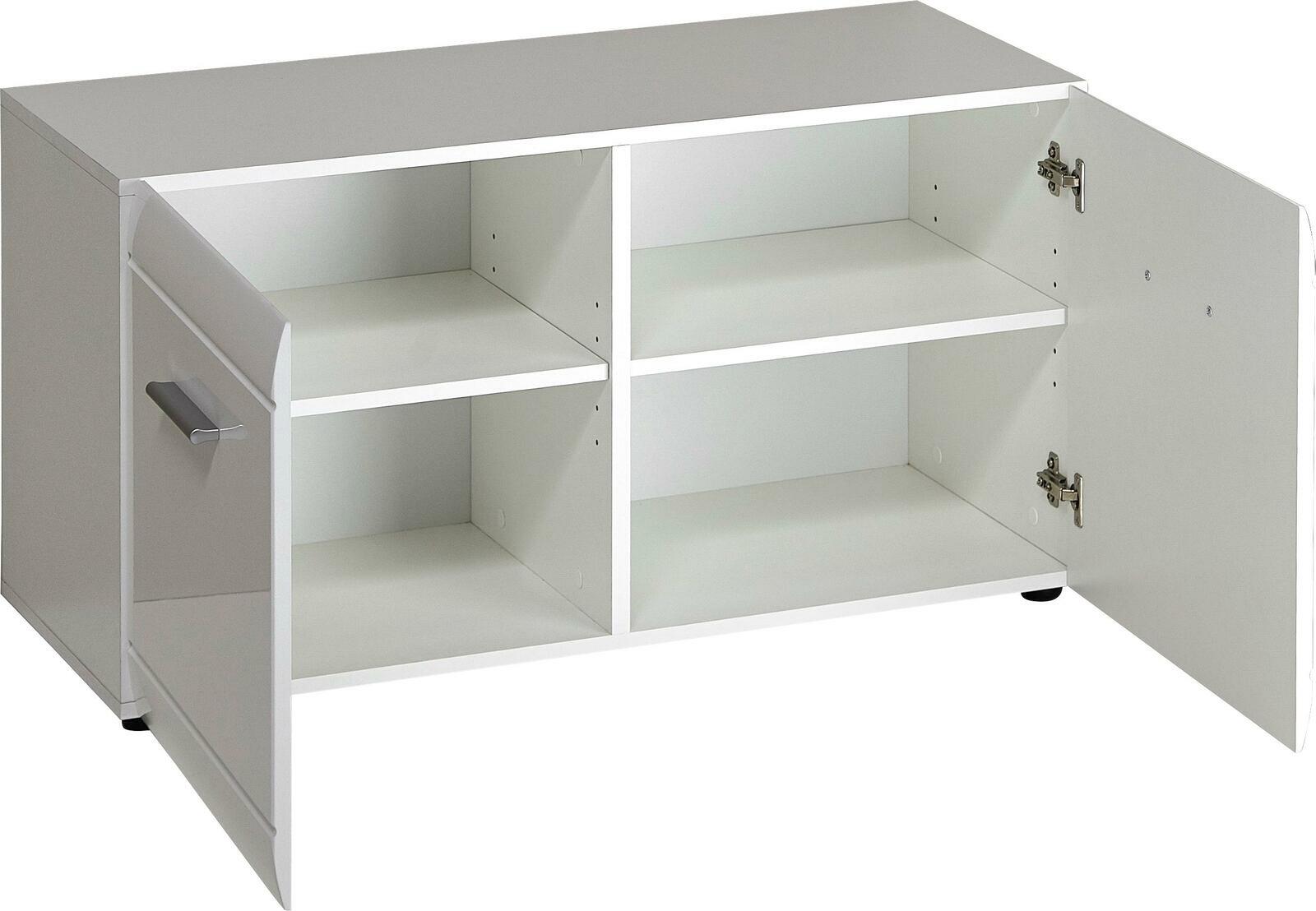 Weiße Bank mit Stauraum, zwei offene Türen, seitliche Perspektive