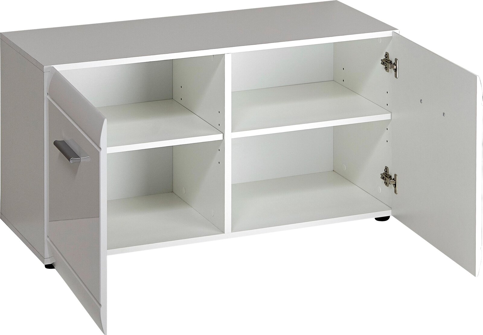 Weiße Bank mit Stauraum, zwei offene Türen, seitliche Perspektive