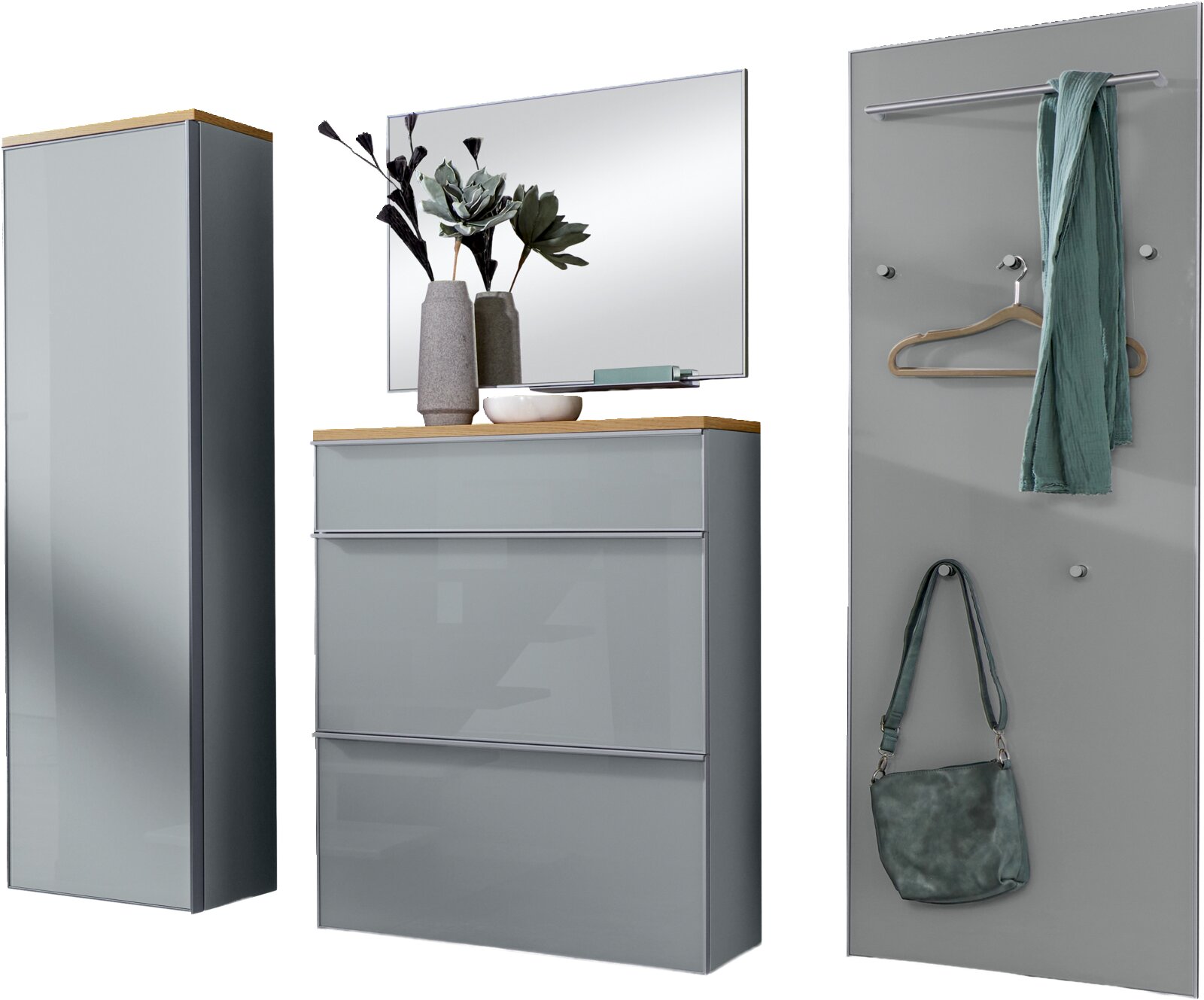 VOSS Garderoben-Set 5-tlg. VORTINA Modernes Flur-Set in Grau mit Holzoptik-Ablage, bestehend aus hohem Schrank, Schuhkommode mit Spiegel und Garderobenpaneel mit Haken und Kleiderstange; Ansicht frontal in leichter Perspektive vor weißem Hintergrund.