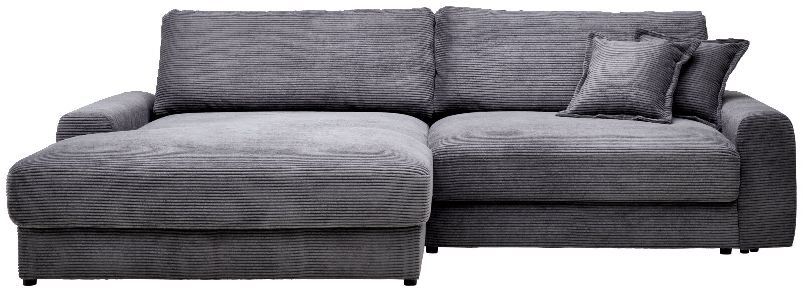 Graues Cord-Ecksofa mit Ottomane links und zwei Rückenkissen sowie zwei Zierkissen, Ansicht von vorne