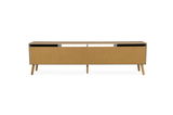 Rückansicht eines TV-Boards mit Holzbeinen und schlichtem Design.