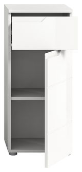 Weißer Standschrank mit einer offenen Schublade und einer geöffneten Tür, Frontalansicht