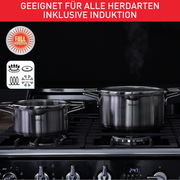 Zwei Töpfe aus Edelstahl auf einem Herd, geeignet für alle Herdarten inklusive Induktion, seitliche Perspektive.