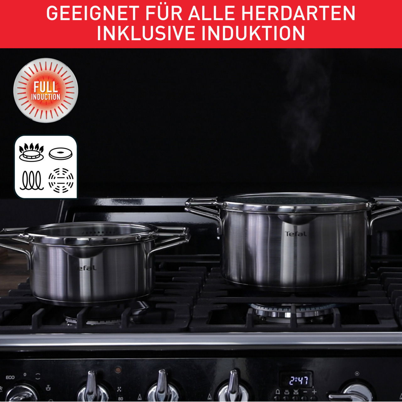 Zwei Töpfe aus Edelstahl auf einem Herd, geeignet für alle Herdarten inklusive Induktion, seitliche Perspektive.