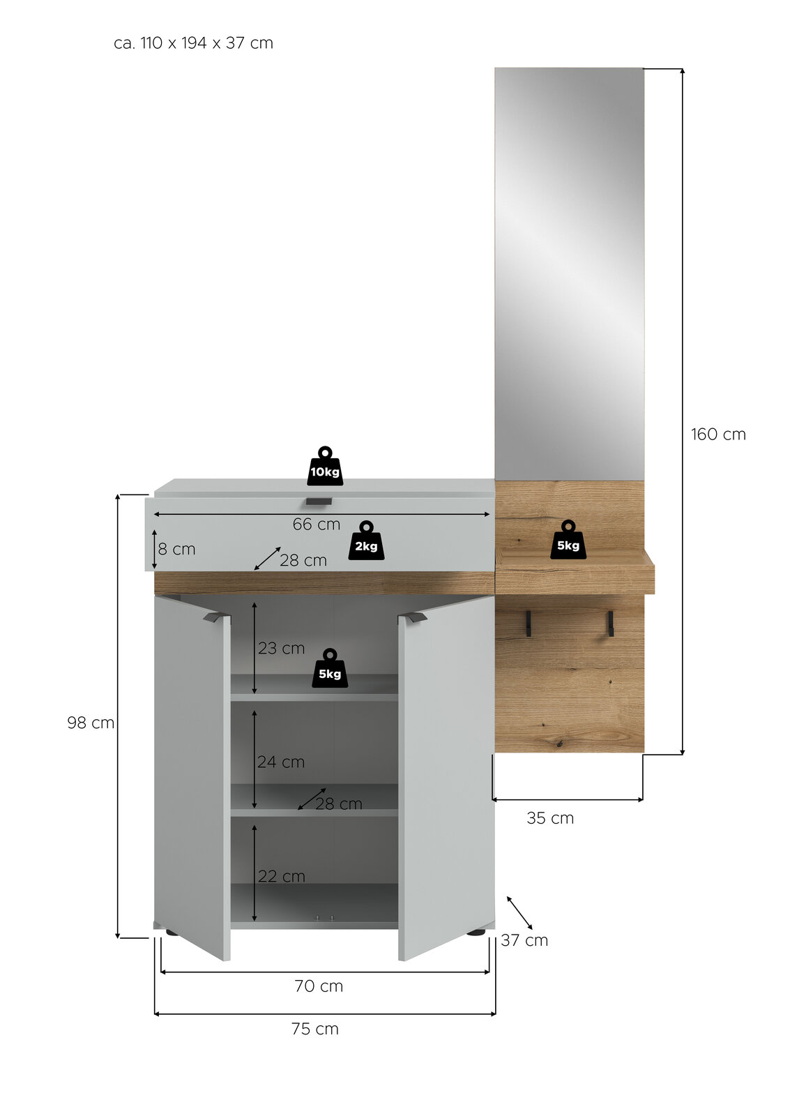 Garderoben-Set mit Schuhschrank in Weiß und Holzoptik sowie großem Spiegelpaneel, Frontansicht mit geöffneten Türen und eingezeichneten Maßen (ca. 110 x 194 x 37 cm).