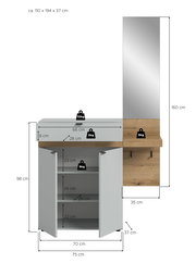 Garderoben-Set mit Schuhschrank in Weiß und Holzoptik sowie großem Spiegelpaneel, Frontansicht mit geöffneten Türen und eingezeichneten Maßen (ca. 110 x 194 x 37 cm).