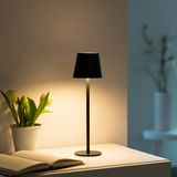 Schwarze Akku-Tischleuchte EURIA auf einem Tisch, beleuchtet eine offene Buchseite, mit Tulpen im Hintergrund, seitliche Perspektive.