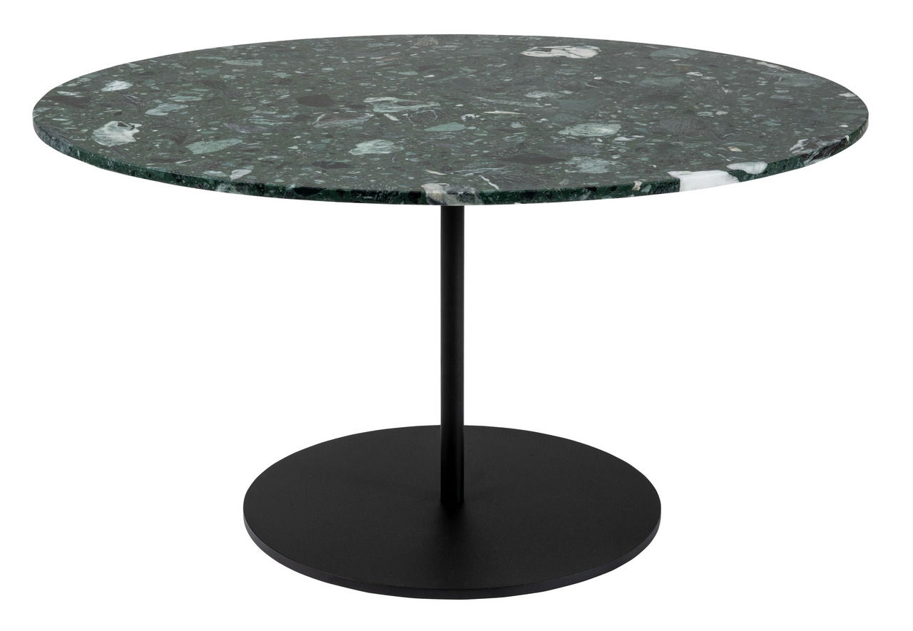 Ovaler Couchtisch mit grünem Marmortischplatte und schwarzem Metallfuß, seitliche Perspektive