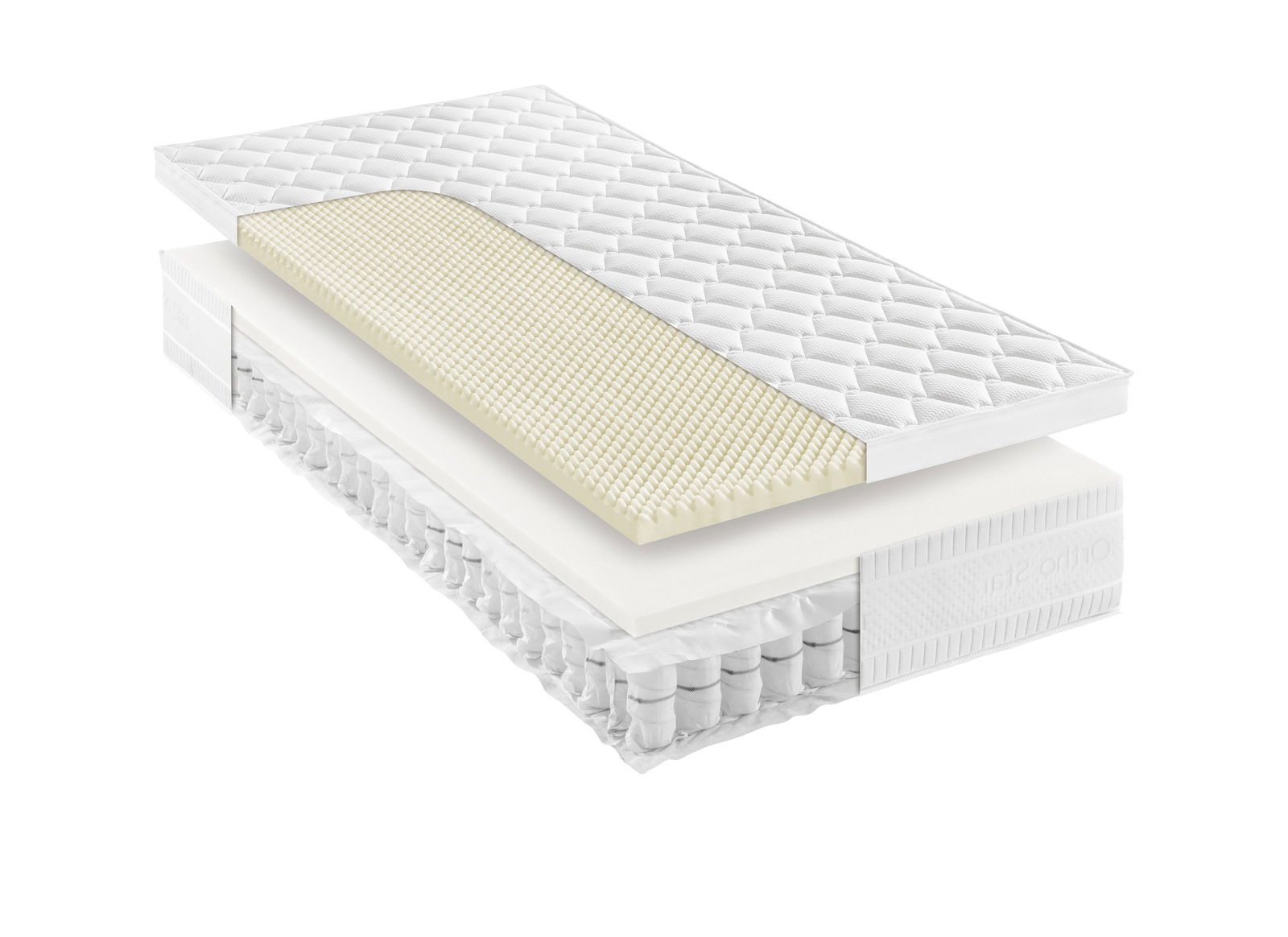 Novel Taschenfederkernmatratze H2 ORTHO STAR BRONZE TOP T Querschnitt einer Taschenfederkernmatratze H2 mit mehreren Schichten, seitliche Perspektive