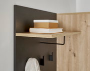 Close-up van een compacte kapstok met een plank waarop boeken en een doos staan, en haken voor kleding. Zijaanzicht.