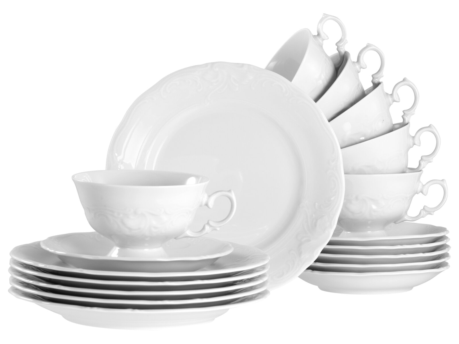 Creatable Kaffeeservice 18-tlg FREDERIKE Weißes Porzellan-Geschirrset mit Tassen, Untertassen und Tellern, frontal in leichter Schrägansicht fotografiert