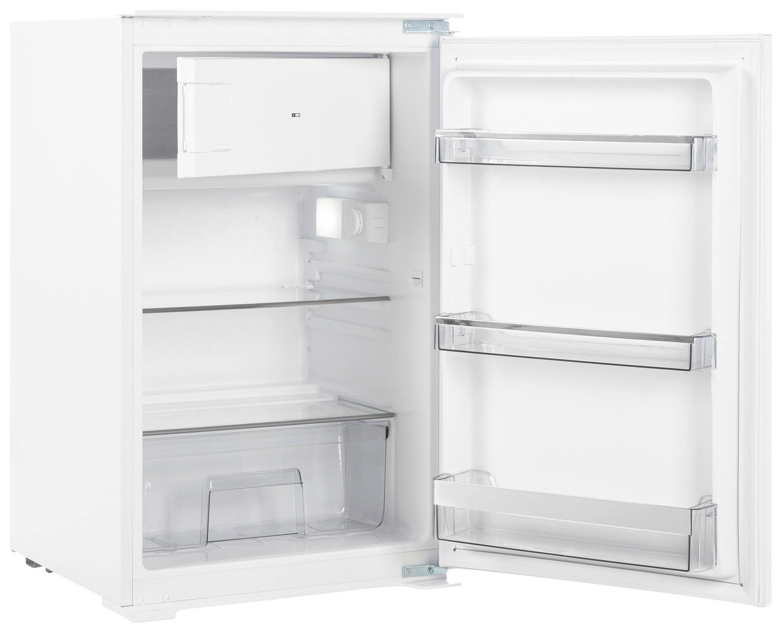 Einbaukühlschrank mit geöffneter Tür, zeigt Innenraum mit Gefrierfach, Glasablagen und Türfächern, Perspektive von vorne rechts