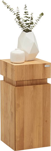 Moderner Beistelltisch aus Holz mit dekorativer Vase und Keramikgefäß, seitliche Perspektive