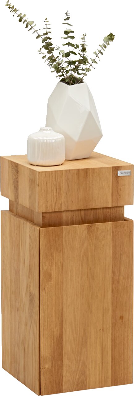 Moderner Beistelltisch aus Holz mit dekorativer Vase und Keramikgefäß, seitliche Perspektive