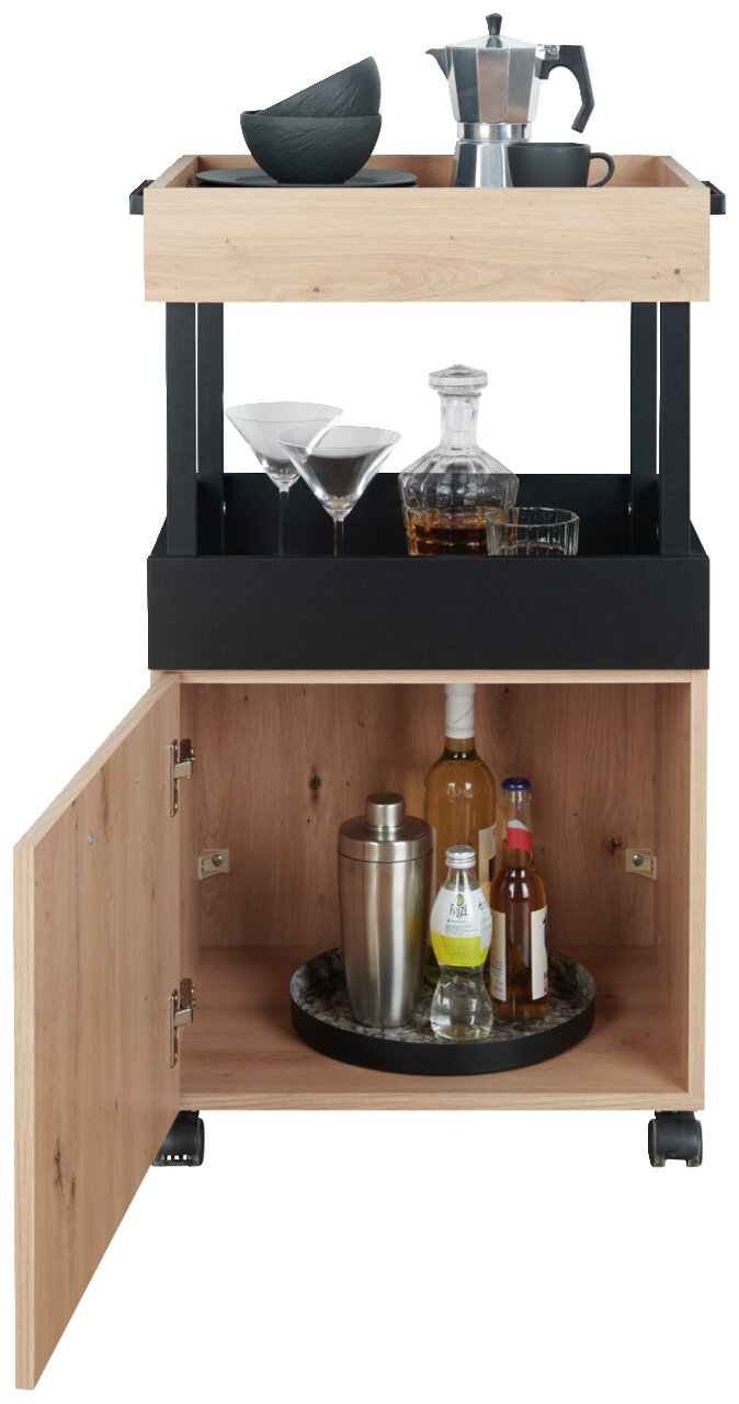 Bar-Servierwagen aus Holz und Metall mit geöffneter Tür, gefüllt mit Gläsern, Flaschen und einer Kaffeekanne, frontal betrachtet.