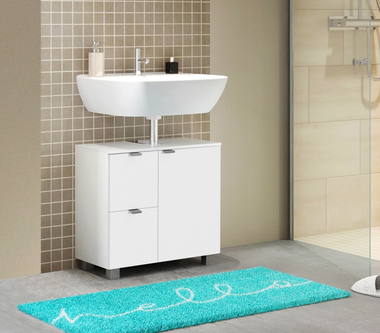 XORA Waschbeckenunterschrank BOGOTA Moderner weißer Waschbeckenunterschrank mit zwei Türen und einem Schubladenfach, frontal abgebildet, unter einem stilvollen Waschbecken montiert.