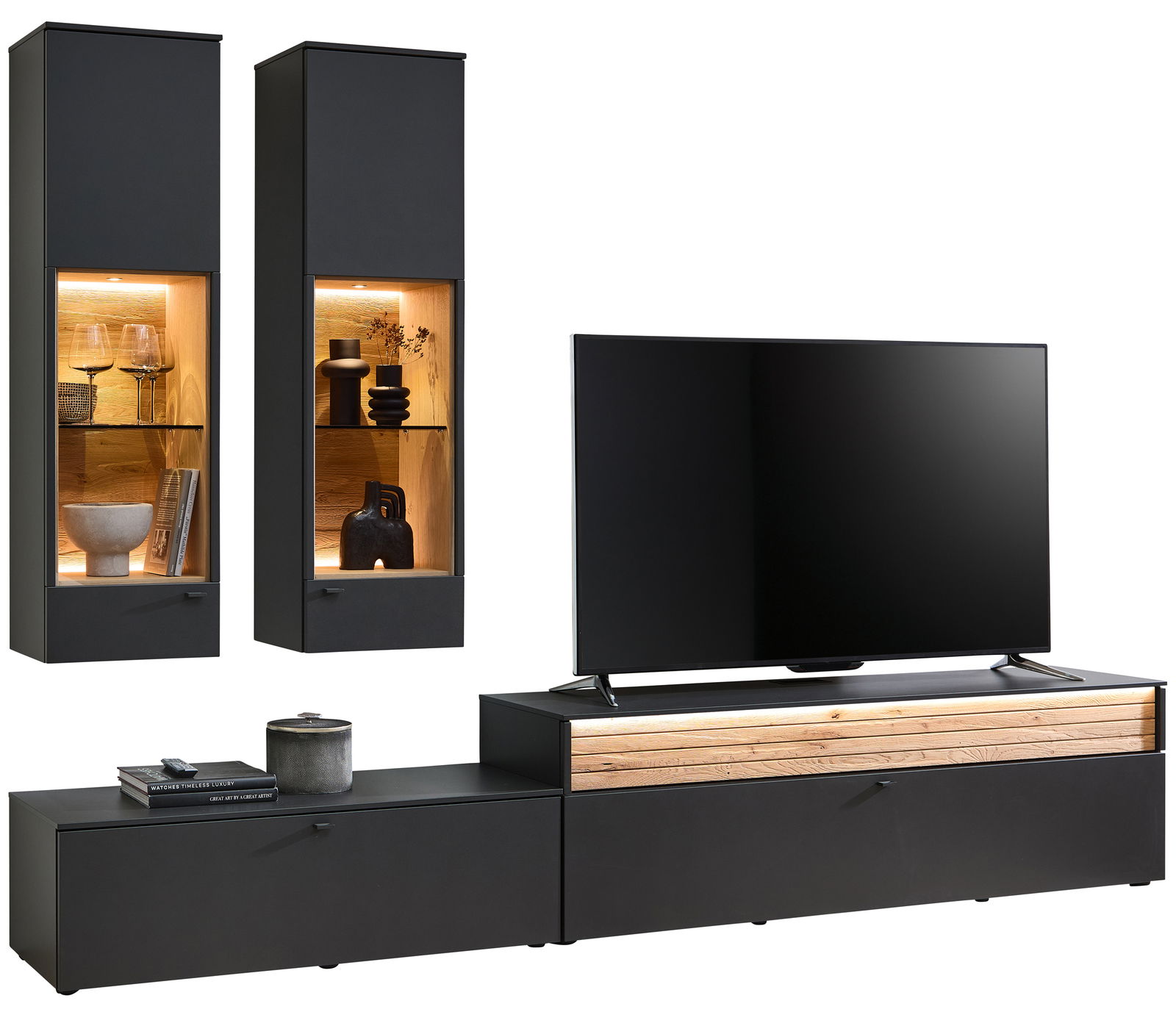 Venjakob Wandkombination LUMEA Moderne Wandkombination in schwarzem Design mit zwei hohen Vitrinen und einem TV-Board, frontal betrachtet.