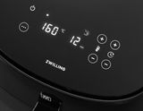 Nahaufnahme der digitalen Anzeige einer schwarzen Heißluftfritteuse mit Temperatur- und Zeiteinstellungen.