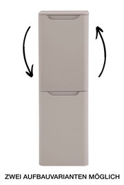 Beiger, modularer Schrank/Stauraumcontainer mit zwei übereinanderliegenden Elementen und Griffmulden, Frontansicht; Pfeile zeigen zwei mögliche Aufbauvarianten (drehbar/umkehrbar).