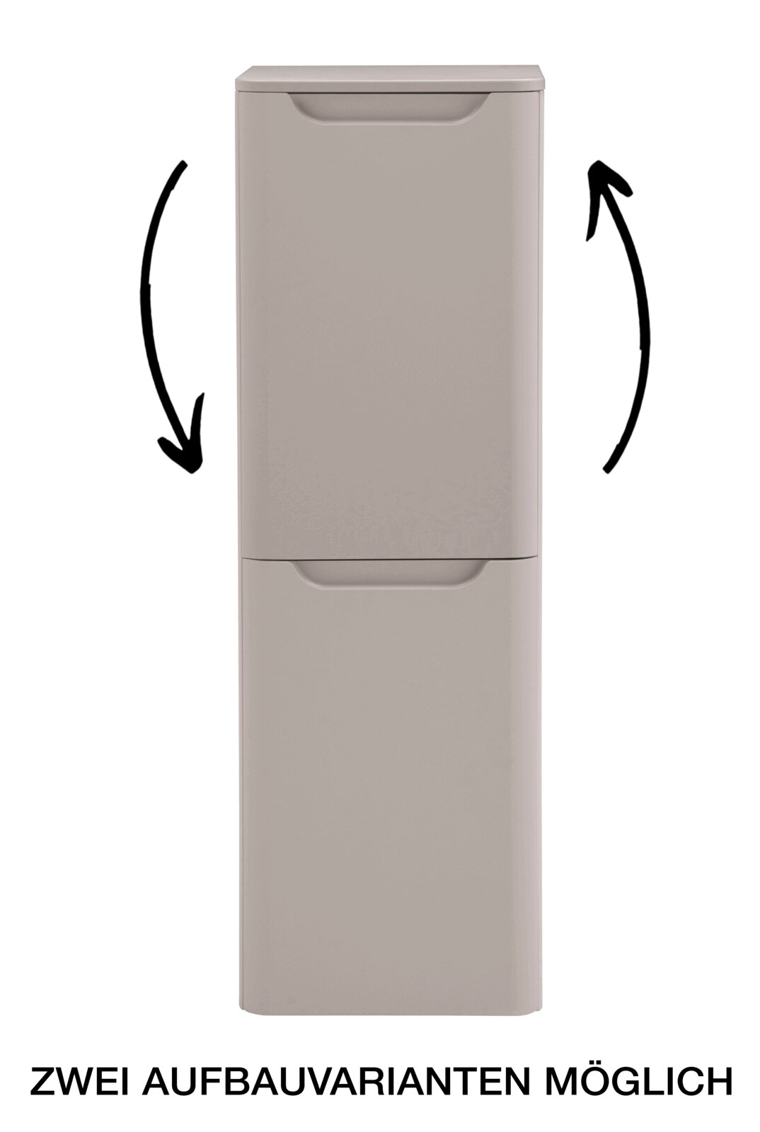 XORA Midischrank OCEAN Beiger, modularer Schrank/Stauraumcontainer mit zwei übereinanderliegenden Elementen und Griffmulden, Frontansicht; Pfeile zeigen zwei mögliche Aufbauvarianten (drehbar/umkehrbar).