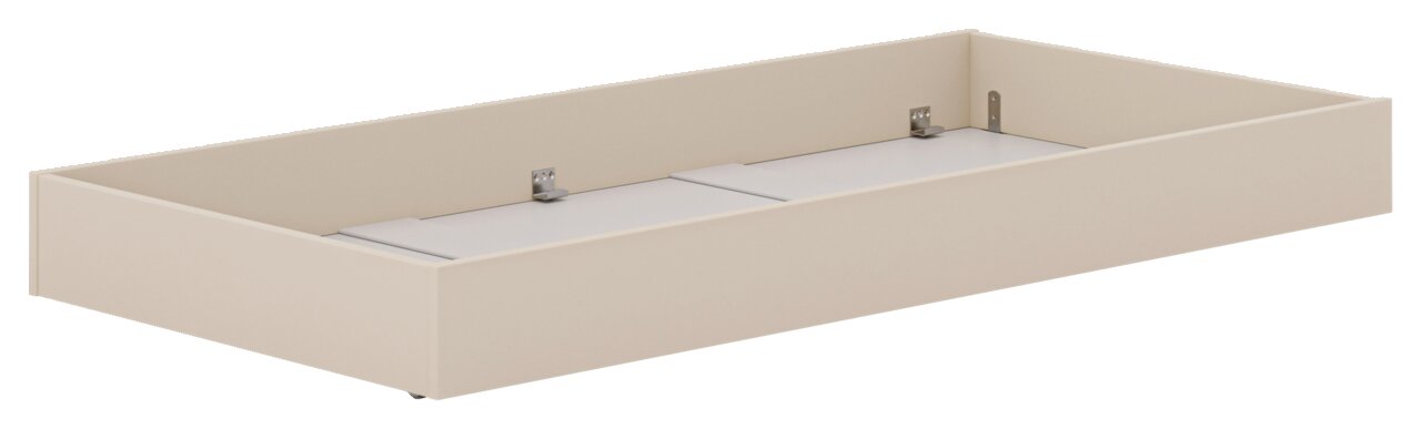 Beige Bettkasten in schräger Perspektive, ideal zur Aufbewahrung unter dem Bett.