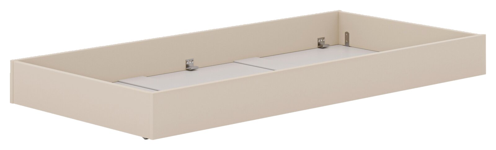 Beige Bettkasten in schräger Perspektive, ideal zur Aufbewahrung unter dem Bett.
