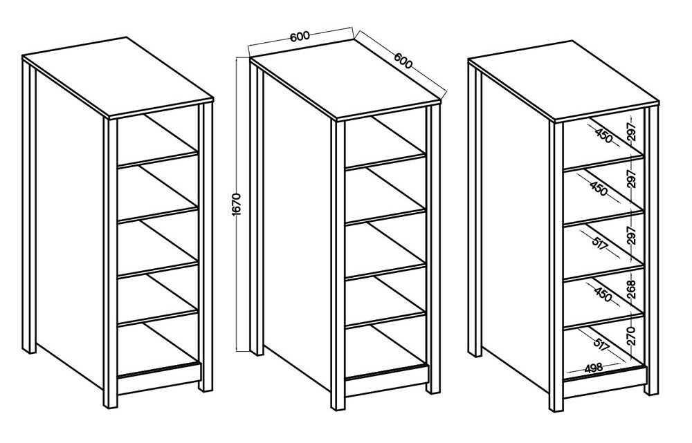 Standregal mit fünf Regalböden, perspektivische Ansicht von vorne und seitlich, Maße 1670 mm Höhe, 600 mm Breite, 800 mm Tiefe