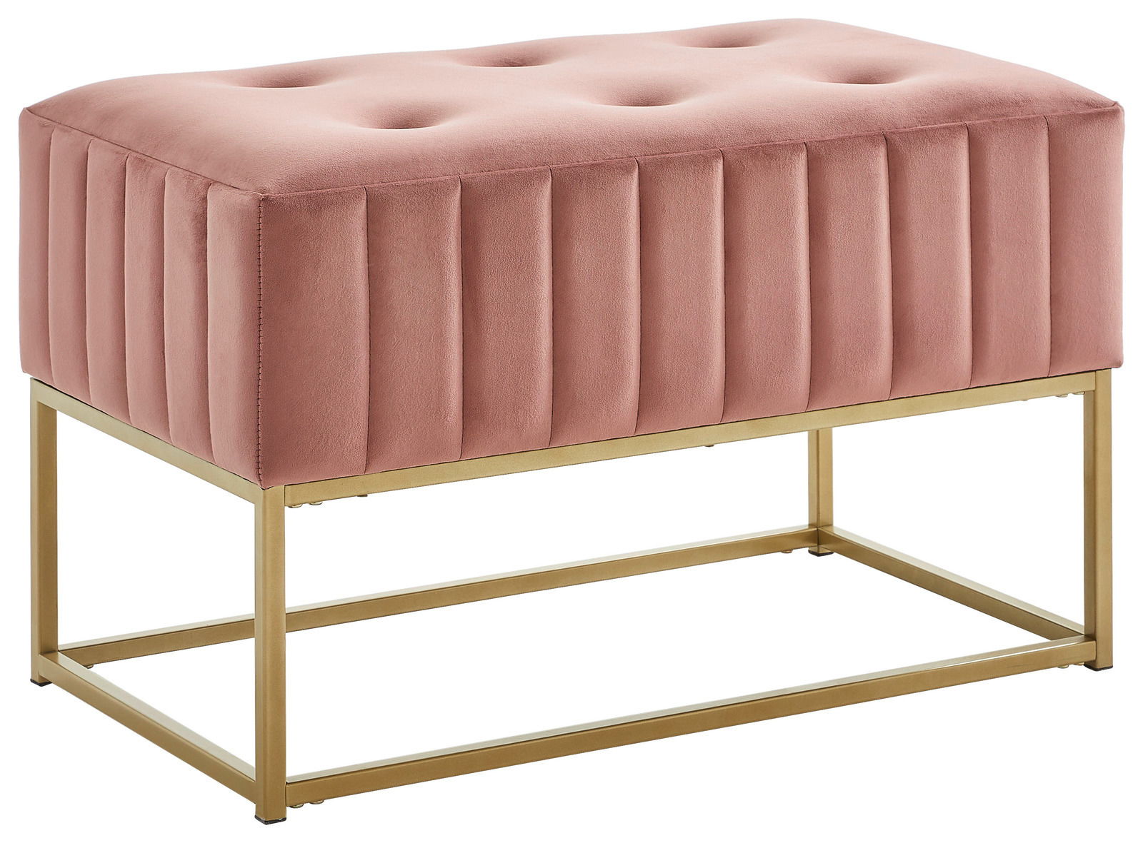Rosa Hockerbank mit gestepptem Samtbezug und goldfarbenem Metallgestell, seitliche Perspektive