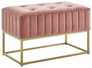 Rosa Hockerbank mit gestepptem Samtbezug und goldfarbenem Metallgestell, seitliche Perspektive