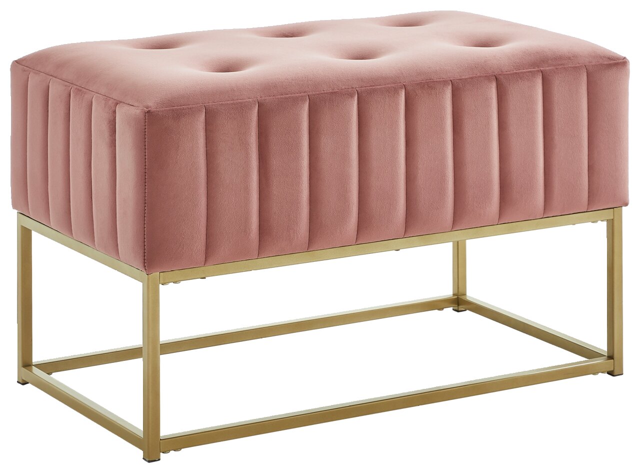 Roze bankje met gewatteerde fluwelen bekleding en goudkleurig metalen frame, zijaanzicht