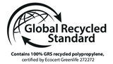 Logo des Global Recycled Standard mit Pfeilen, die einen Globus umkreisen, und Text, der die Zertifizierung von 100% recyceltem Polypropylen durch Ecocert Greenlife bestätigt. Frontalansicht.