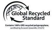 Logo des Global Recycled Standard mit Pfeilen, die einen Globus umkreisen, und Text, der die Zertifizierung von 100% recyceltem Polypropylen durch Ecocert Greenlife bestätigt. Frontalansicht.