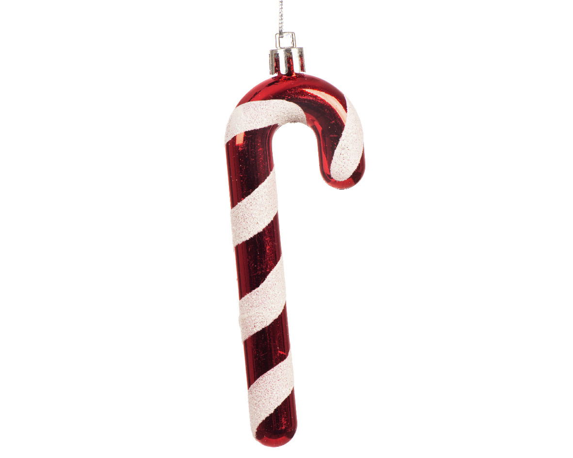 Rote und weiße Zuckerstangen-Weihnachtsdekoration, frontal betrachtet.