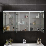 Badezimmerschrank mit Glasregalen, gefüllt mit Pflegeprodukten, aus frontaler Perspektive