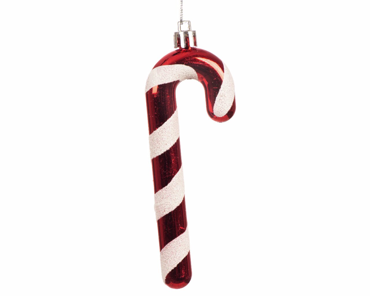Rote und weiße Zuckerstangen-Weihnachtsdekoration, frontal betrachtet.
