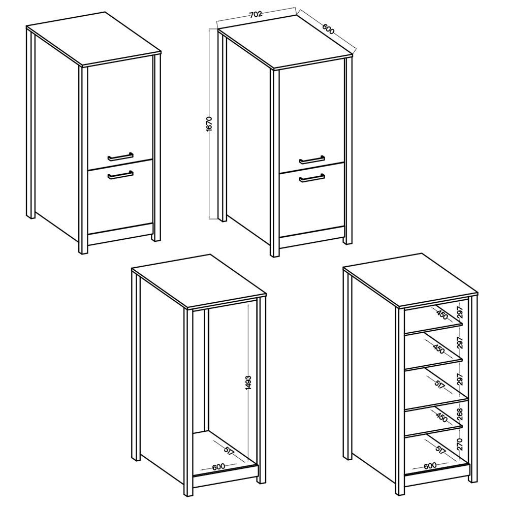 Technische Zeichnung eines Kühlschrank-Umbau- und Vorratsschranks mit mehreren Perspektiven, einschließlich Frontansicht mit zwei Türen und Seitenansicht mit Regalen.