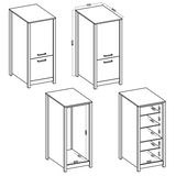 Technische Zeichnung eines Kühlschrank-Umbau- und Vorratsschranks mit mehreren Perspektiven, einschließlich Frontansicht mit zwei Türen und Seitenansicht mit Regalen.