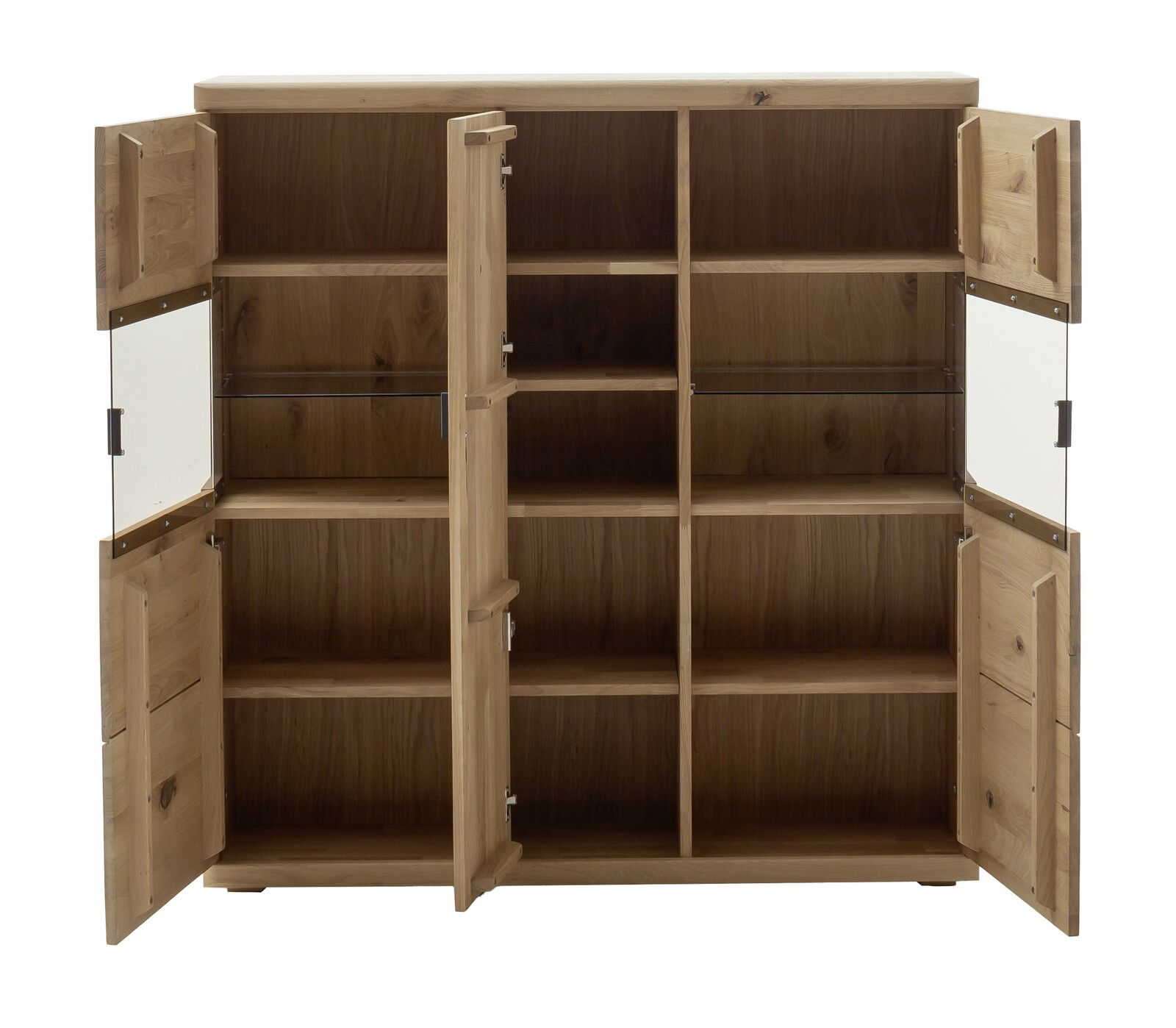 Offenes Highboard aus Holz mit mehreren Fächern und Türen, Frontansicht