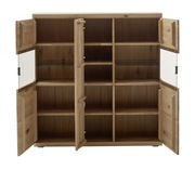 Offenes Highboard aus Holz mit mehreren Fächern und Türen, Frontansicht