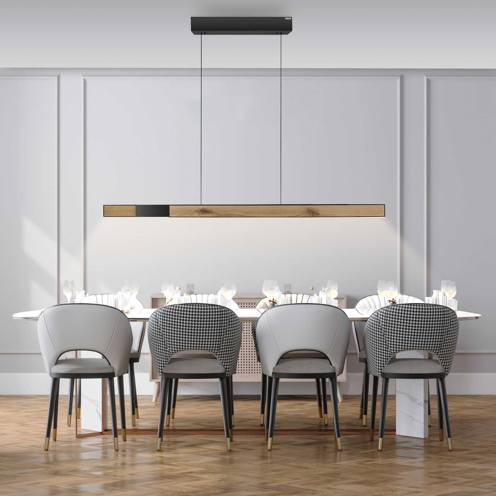 Moderne Pendelleuchte PURE-MOTO-RISE über einem Esstisch, seitliche Perspektive