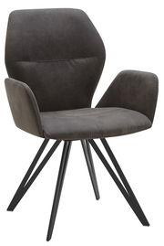 Moderner Armlehnenstuhl in dunklem Stoffbezug mit schwarzem Metallgestell, seitliche Perspektive