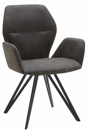 Moderner Armlehnenstuhl in dunklem Stoffbezug mit schwarzem Metallgestell, seitliche Perspektive