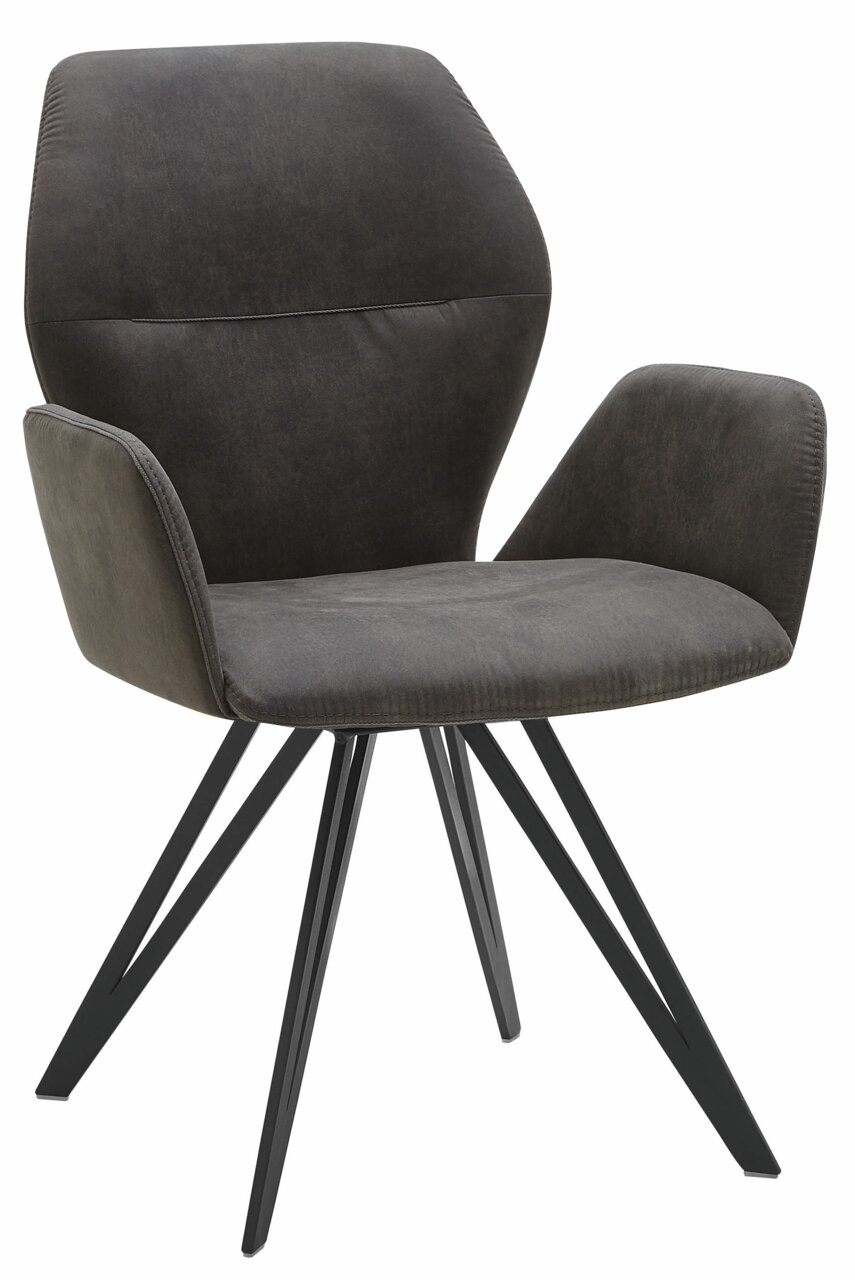 Moderner Armlehnenstuhl in dunklem Stoffbezug mit schwarzem Metallgestell, seitliche Perspektive