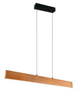 Moderne Pendelleuchte aus Holz in Seitenansicht, mit rechteckigem Design und schwarzer Deckenhalterung.