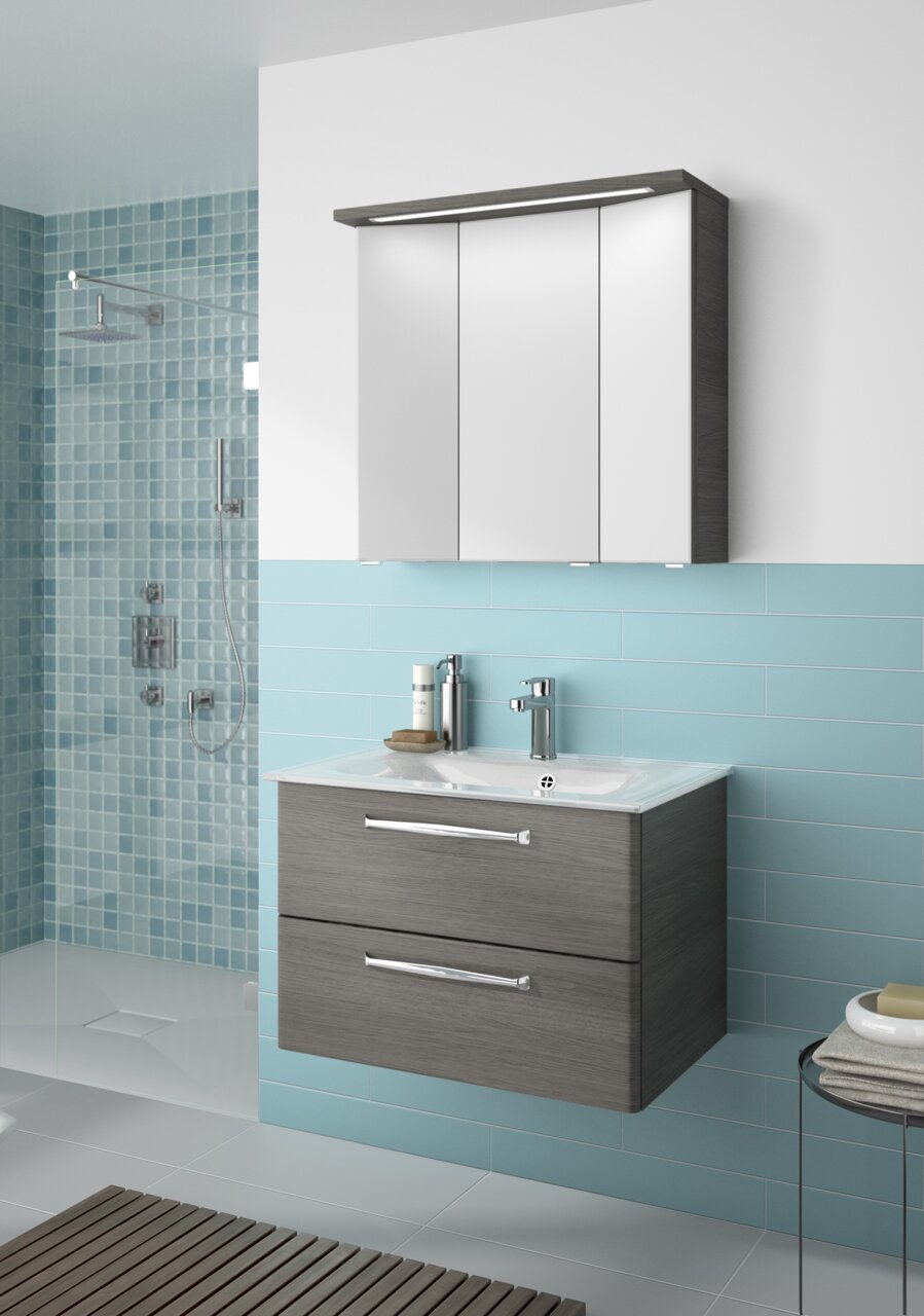 Pelipal Badblock 77cm TRENTINO Moderner Badblock mit grauem Waschtisch und Spiegelschrank, seitliche Perspektive